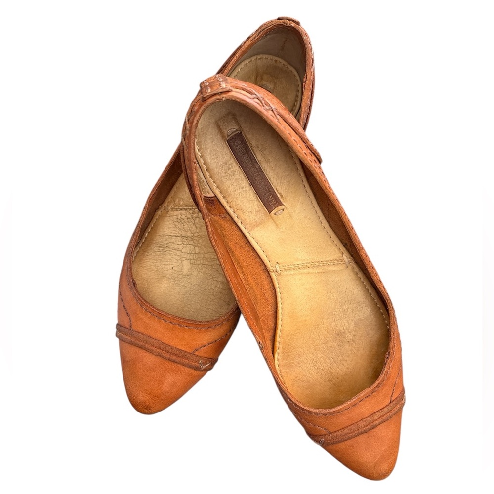 RARE FRYE Leather Sole Point Toe Ballet Tan Cognac Stitch Detail Tooled Flats 7